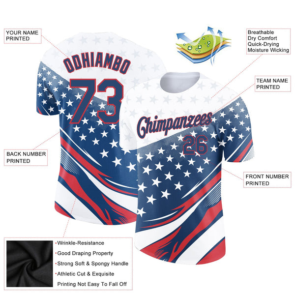 Custom White Navy-Red 3D American Flag Patriotic Performance T-Shirt alternate