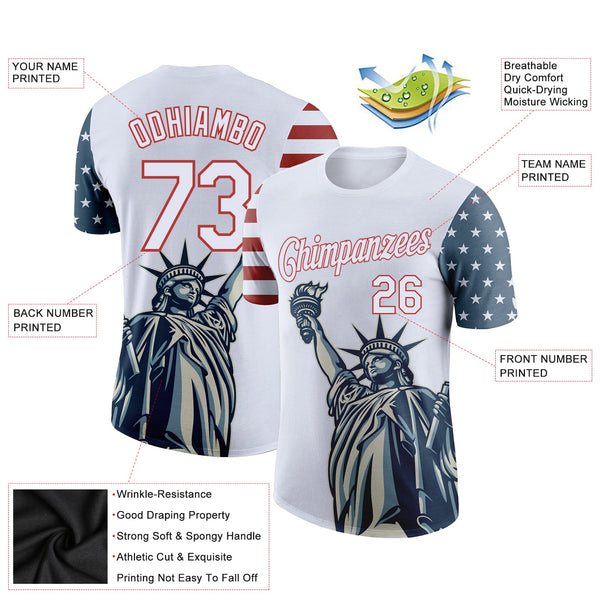 Custom White Red 3D American Flag Statue of Liberty Patriotic Performance T-Shirt alternate