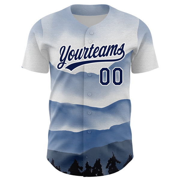Custom White Navy 3D Pattern Design Watercolor Mountains Authentic Baseball Jersey alternate