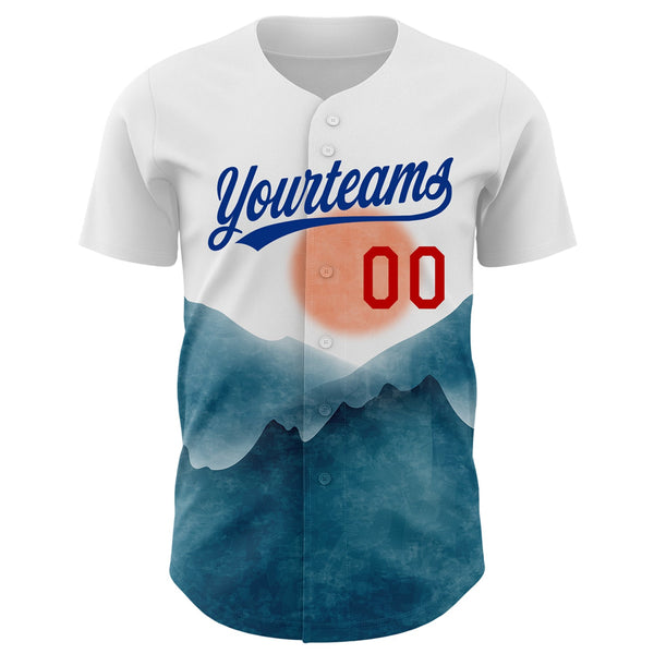 Custom White Red-Royal 3D Pattern Design Watercolor Mountains Authentic Baseball Jersey alternate
