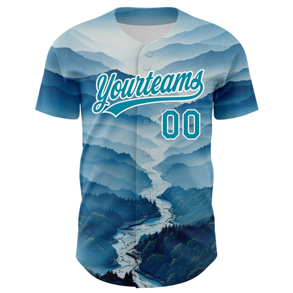 Custom White Teal 3D Pattern Design Mountains Authentic Baseball Jersey alternate