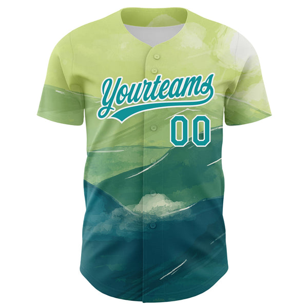 Custom Green Teal-White 3D Pattern Design Watercolor Mountains Authentic Baseball Jersey alternate