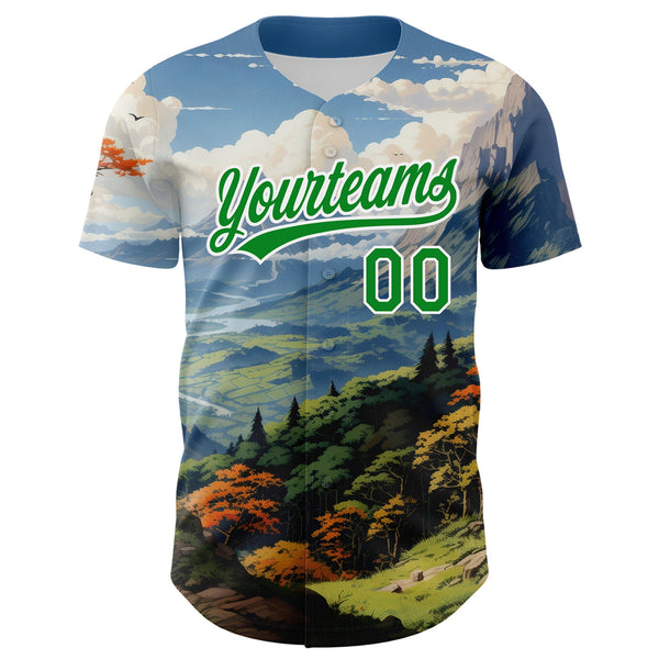Custom White Grass Green 3D Pattern Design Mountains Landscape Authentic Baseball Jersey alternate