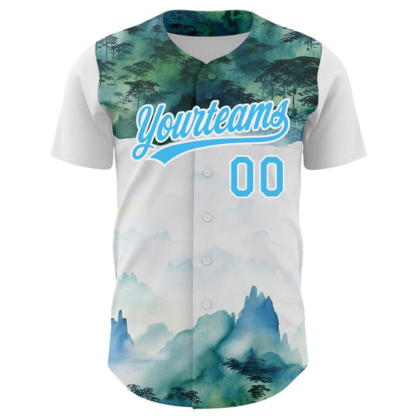 Custom White Sky Blue 3D Pattern Design Mountains Landscape Authentic Baseball Jersey alternate