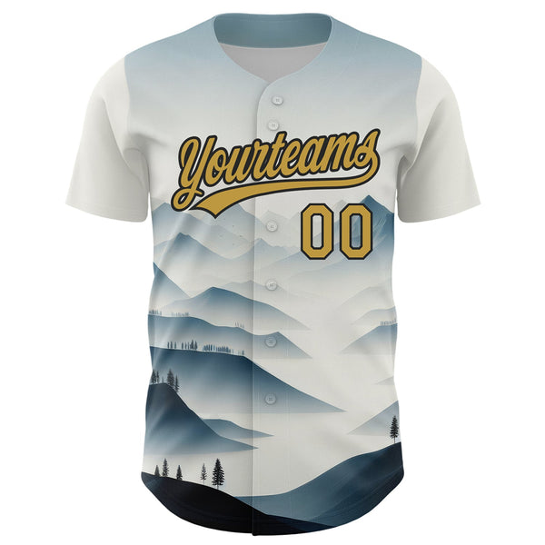 Custom White Old Gold-Black 3D Pattern Design Mountains Landscape Authentic Baseball Jersey alternate