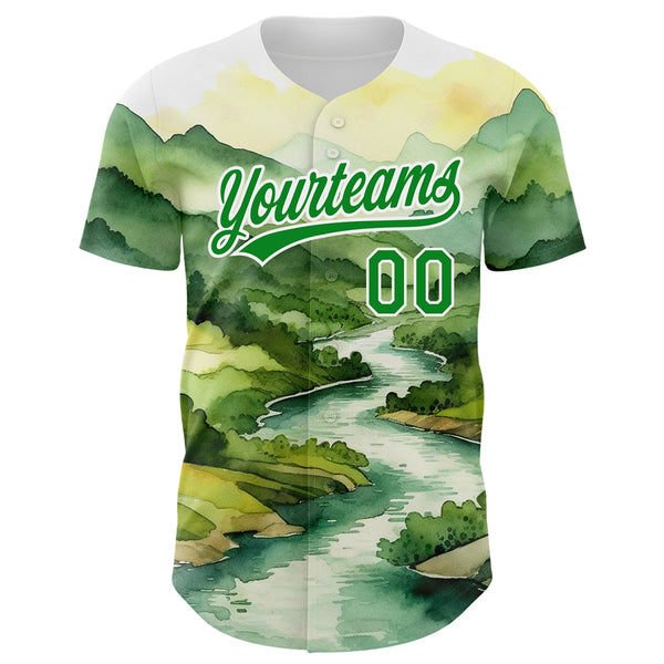 Custom White Grass Green 3D Pattern Design Mountains Landscape Authentic Baseball Jersey alternate