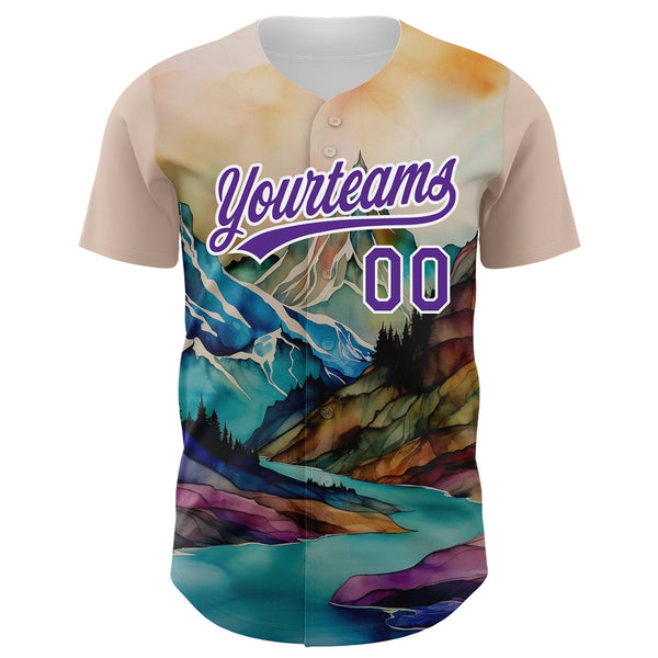 Custom White Purple 3D Pattern Design Mountains Landscape Authentic Baseball Jersey alternate