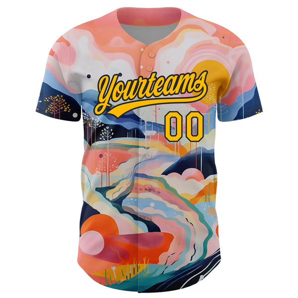 Custom Medium Pink Gold-Black 3D Pattern Design Abstract Painting Authentic Baseball Jersey alternate