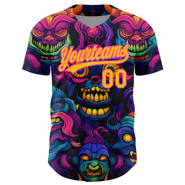 Custom Black Gold-Pink 3D Pattern Design Abstract Monsters Authentic Baseball Jersey alternate