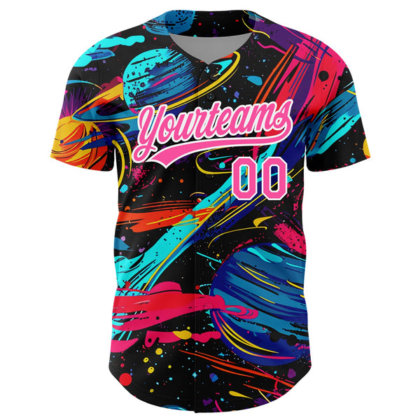 Custom Black Pink-White 3D Pattern Design Space With Planets And Rockets Authentic Baseball Jersey alternate