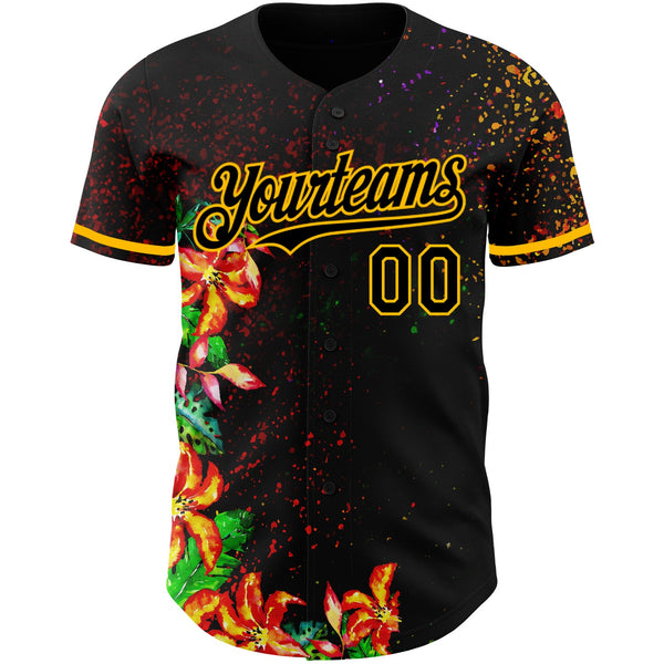 Custom Black Gold 3D Pattern Design Holi Festival Color Powder Authentic Baseball Jersey alternate