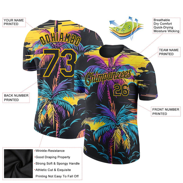 Custom Black Yellow 3D Pattern Design Tropical Hawaii Palms Trees Performance T-Shirt alternate