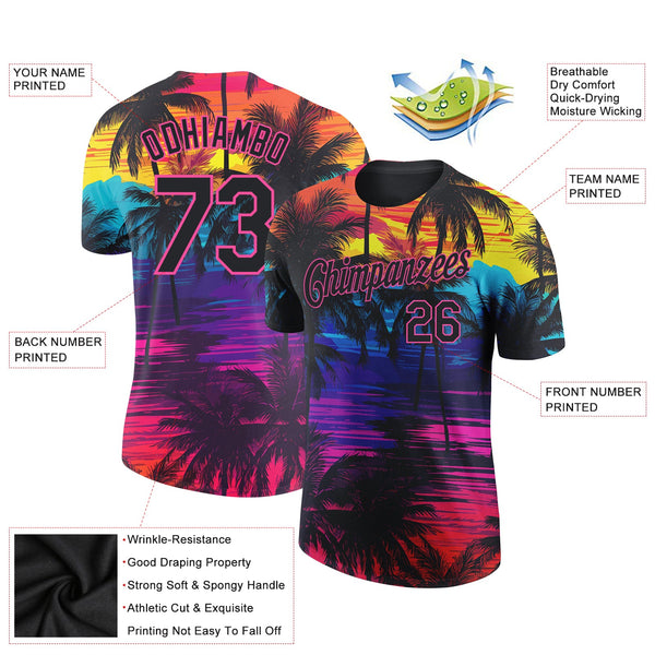Custom Black Pink 3D Pattern Design Tropical Hawaii Palms Trees Performance T-Shirt alternate