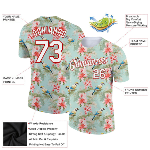 Custom Teal White-Red 3D Pattern Design Tropical Hawaii Flower With Bird Performance T-Shirt alternate