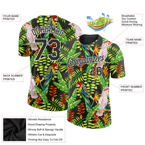 Custom Black White 3D Pattern Design Tropical Hawaii Plant With Bird Performance T-Shirt alternate