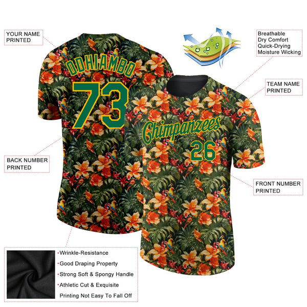 Custom Black Green-Yellow 3D Pattern Design Tropical Hawaii Plant With Bird Performance T-Shirt alternate