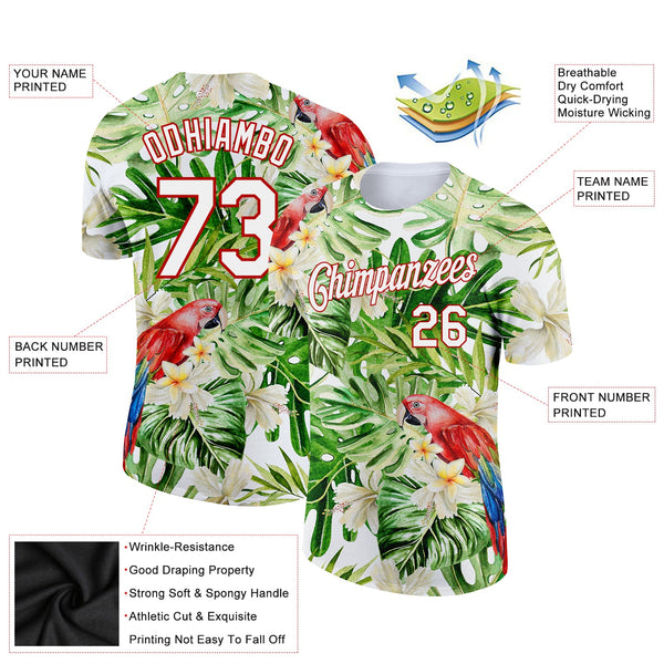 Custom White Red 3D Pattern Design Tropical Hawaii Plant With Bird Performance T-Shirt alternate