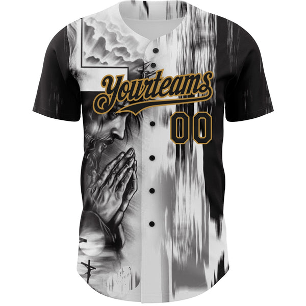 Custom White Black-Old Gold 3D Pattern Design Religion Jesus Christ Authentic Baseball Jersey alternate