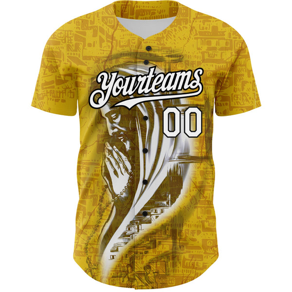 Custom Yellow White-Black 3D Pattern Design Religion Jesus Christ Authentic Baseball Jersey alternate