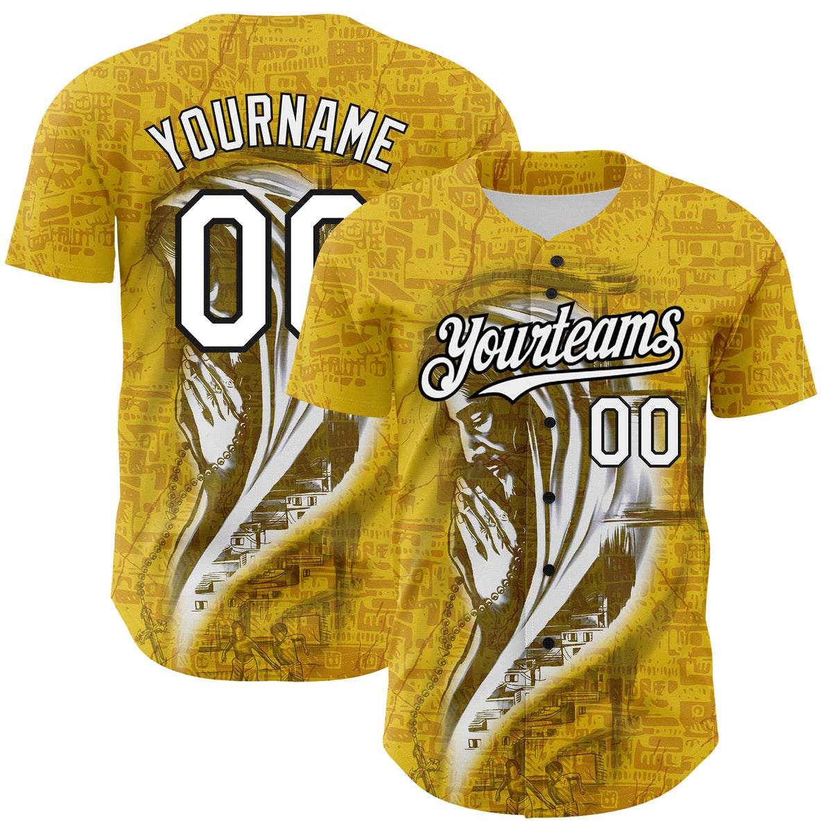 Custom Yellow White-Black 3D Pattern Design Motif Graphic Print Authentic Baseball Jersey