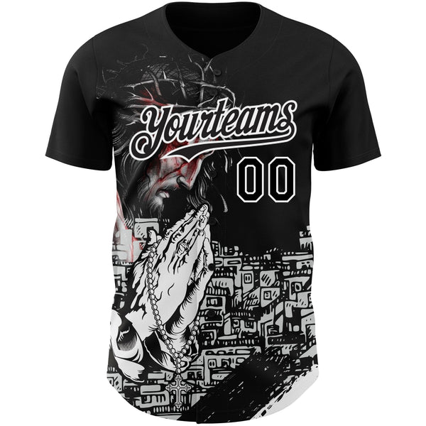 Custom Black White 3D Pattern Design Religion Jesus Christ Authentic Baseball Jersey alternate
