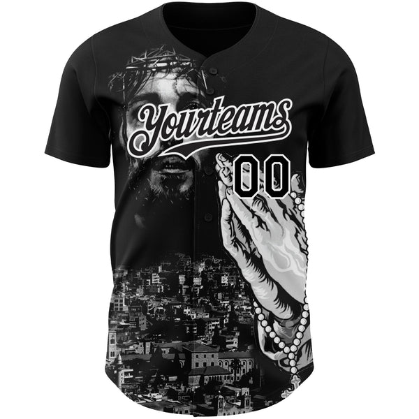 Custom Black White 3D Pattern Design Religion Jesus Christ Authentic Baseball Jersey alternate