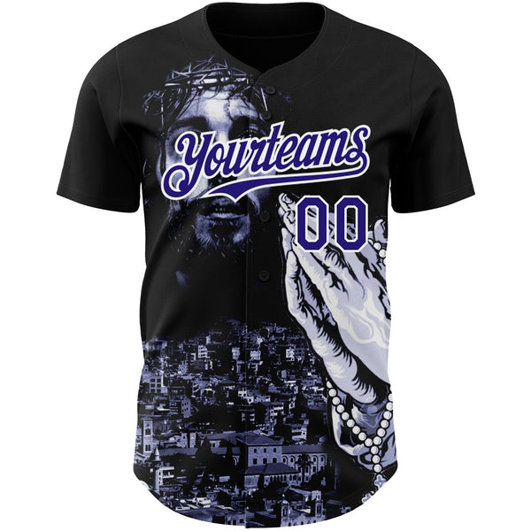 Custom Black Purple-White 3D Pattern Design Religion Jesus Christ Authentic Baseball Jersey alternate