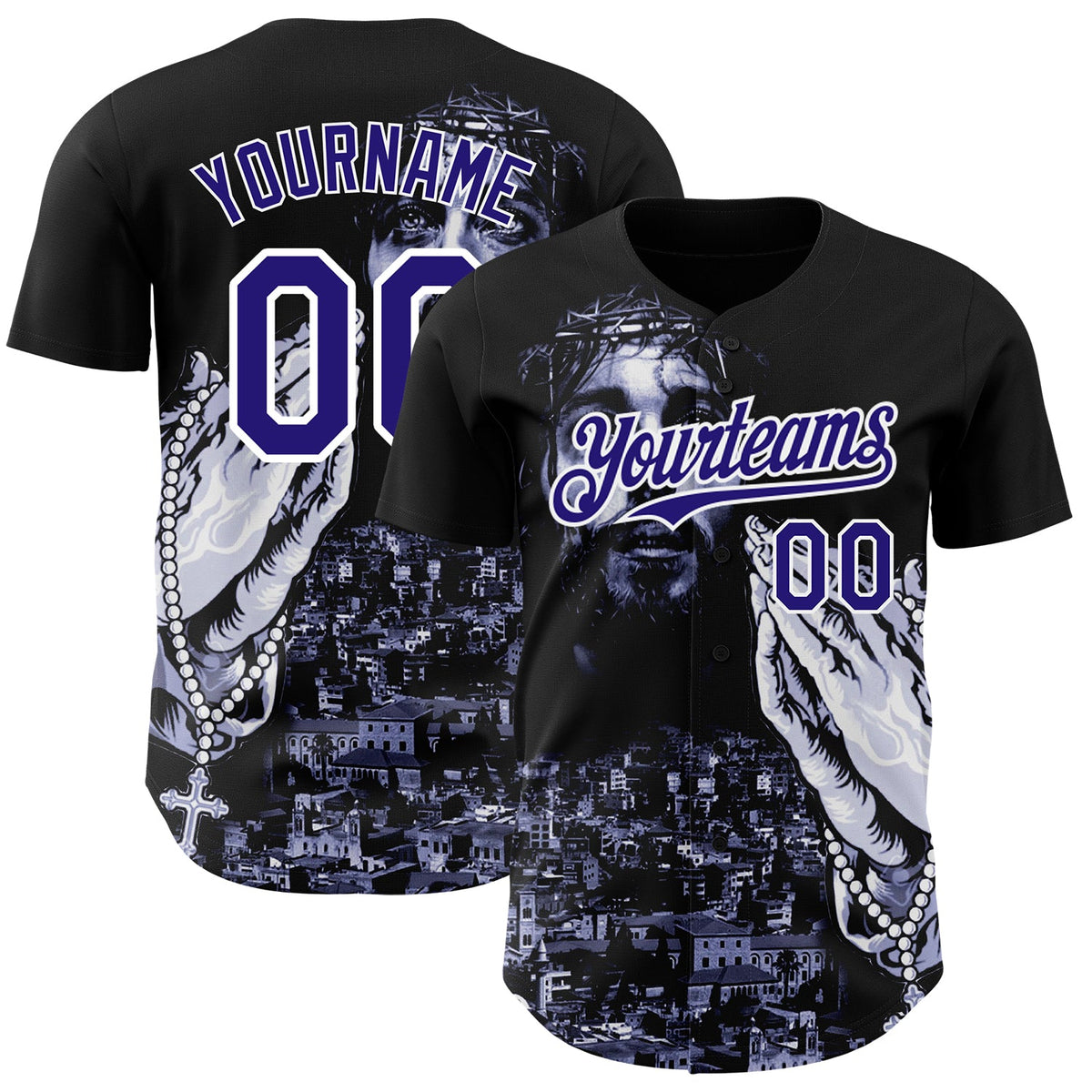 Custom Black Purple-White 3D Pattern Design Motif Graphic Print Authentic Baseball Jersey