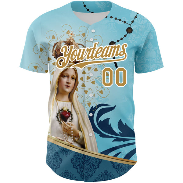 Custom Teal Old Gold-White 3D Pattern Design Religion Virgin Mary Authentic Baseball Jersey alternate