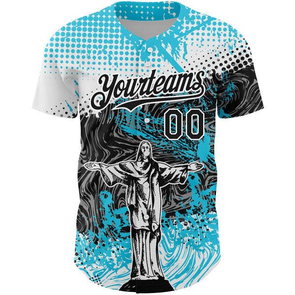 Custom Light Blue Black-White 3D Pattern Design Religion Jesus Christ Authentic Baseball Jersey alternate
