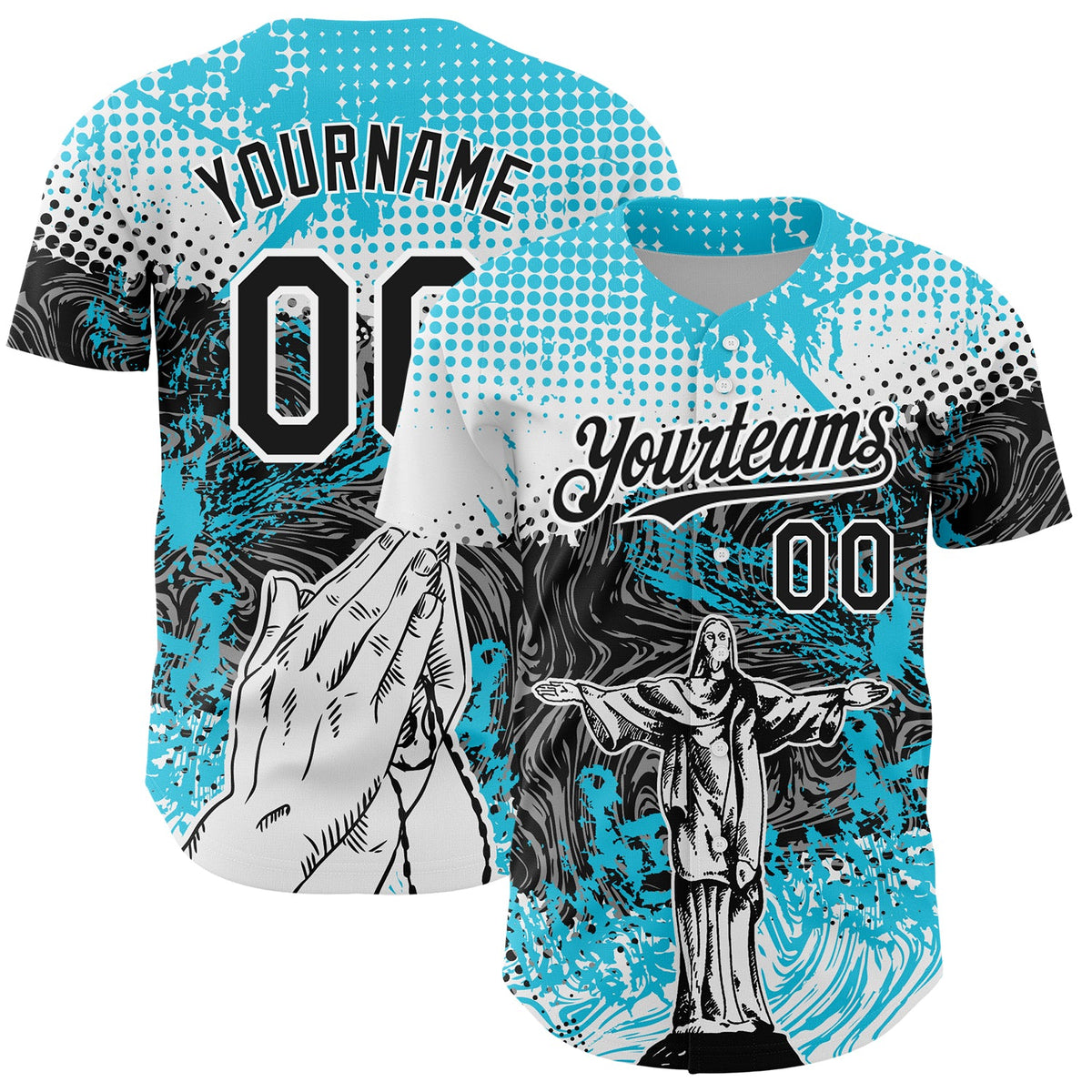 Custom Light Blue Black-White 3D Pattern Design Motif Graphic Print Authentic Baseball Jersey