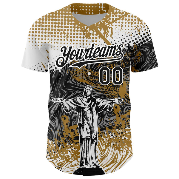 Custom Old Gold Black 3D Pattern Design Religion Jesus Christ Authentic Baseball Jersey alternate