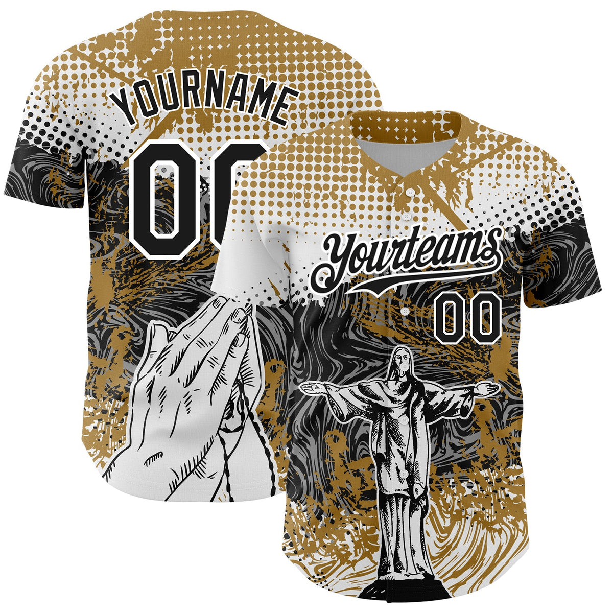 Custom Old Gold Black 3D Pattern Design Motif Graphic Print Authentic Baseball Jersey