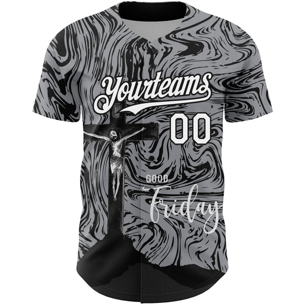 Custom Gray White-Black 3D Pattern Design Religion Cross Jesus Christ Good Friday Authentic Baseball Jersey alternate