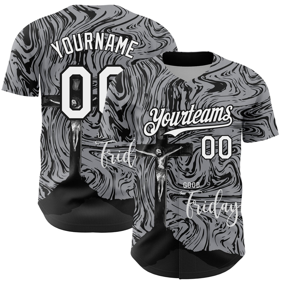Custom Gray White-Black 3D Pattern Design Motif Cross Graphic Print  Good Friday Authentic Baseball Jersey