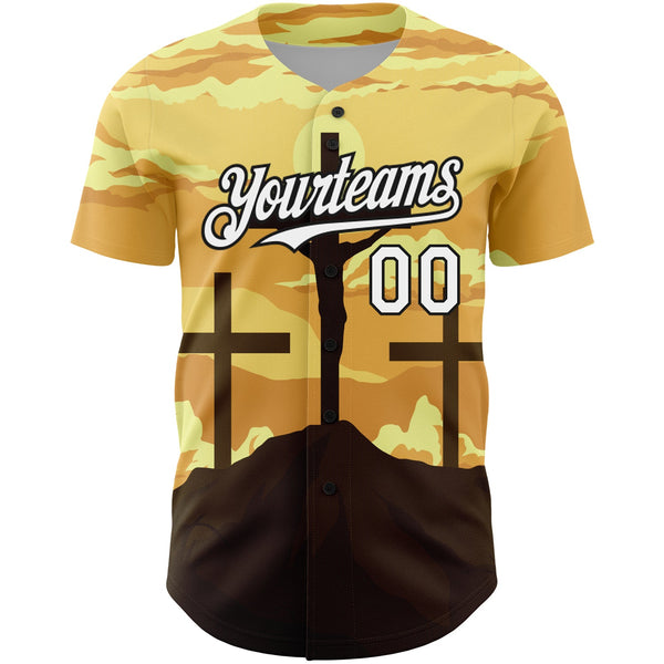 Custom Yellow White-Black 3D Pattern Design Religion Cross Jesus Christ Good Friday Authentic Baseball Jersey alternate
