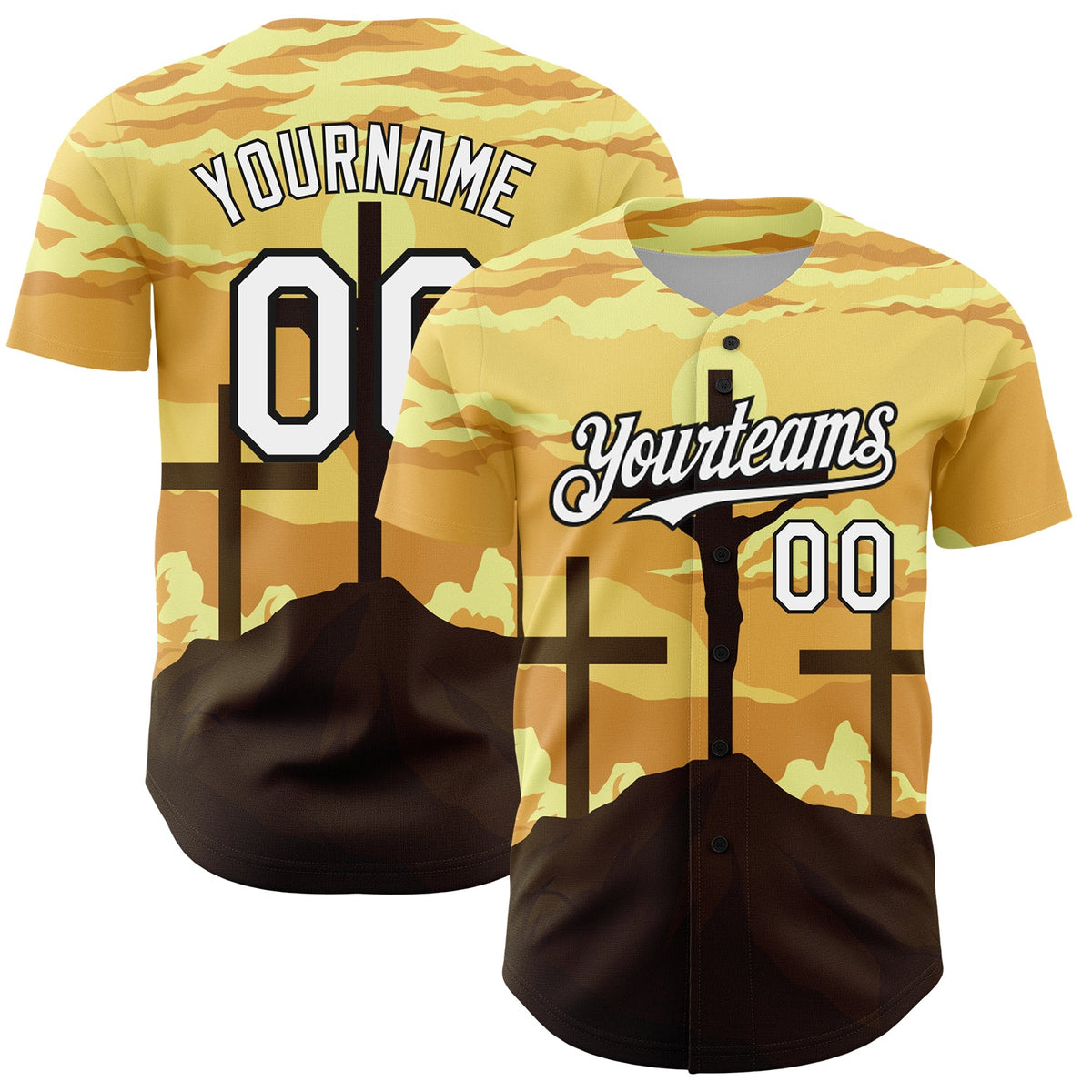 Custom Yellow White-Black 3D Pattern Design Motif Crest Graphic Print Authentic Baseball Jersey