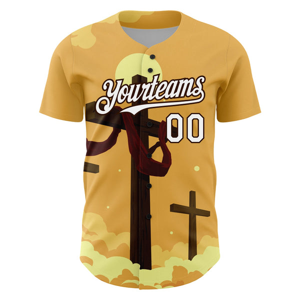 Custom Yellow White-Brown 3D Pattern Design Religion Cross Jesus Christ Good Friday Authentic Baseball Jersey alternate