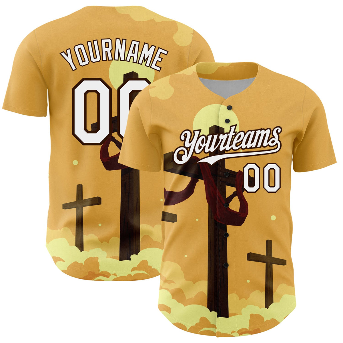 Custom Yellow White-Brown 3D Pattern Design Motif Crest Graphic Print Authentic Baseball Jersey