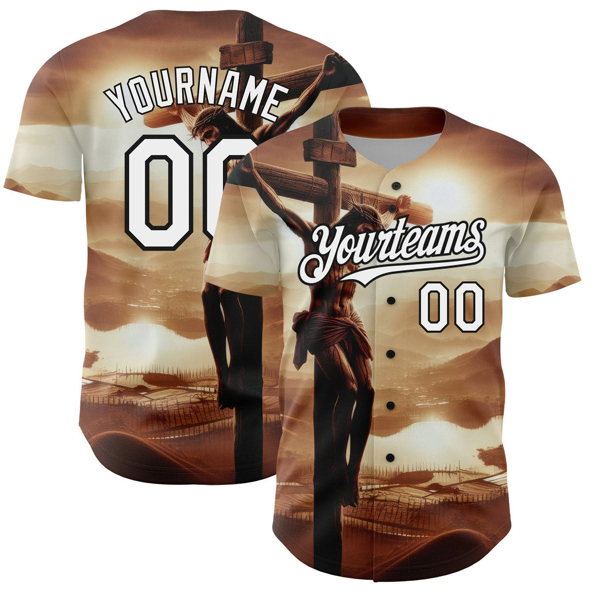 Custom Brown White-Black 3D Pattern Design Motif Cross Graphic Print  Good Friday Authentic Baseball Jersey