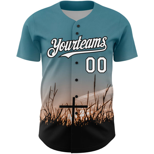 Custom Teal White-Black 3D Pattern Design Religion Cross Jesus Christ Good Friday Authentic Baseball Jersey alternate
