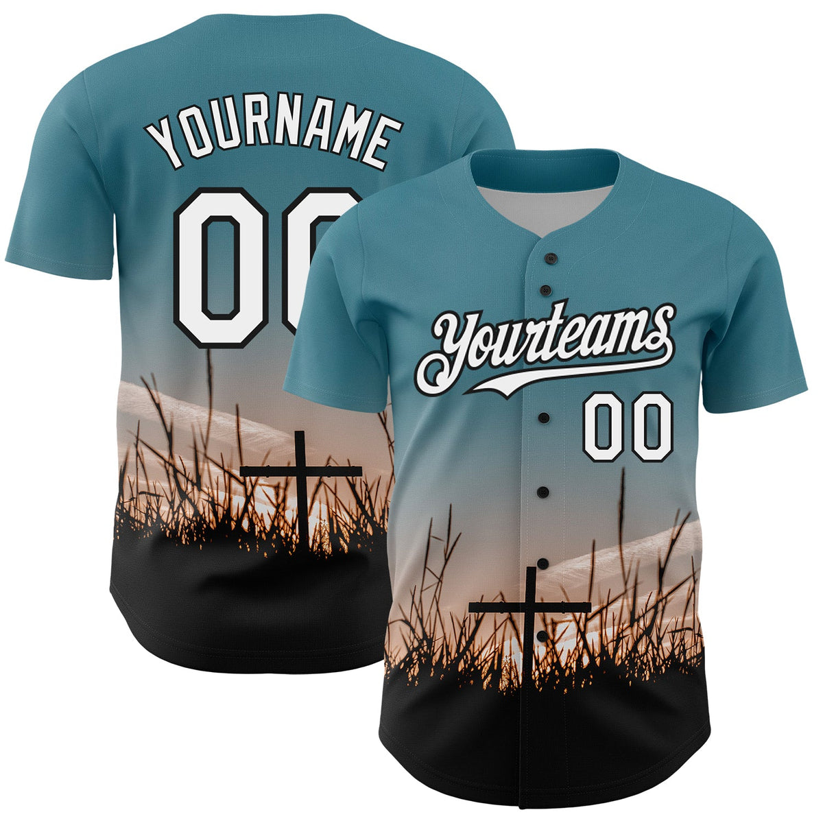 Custom Teal White-Black 3D Pattern Design Motif Cross Graphic Print Good Friday Authentic Baseball Jersey