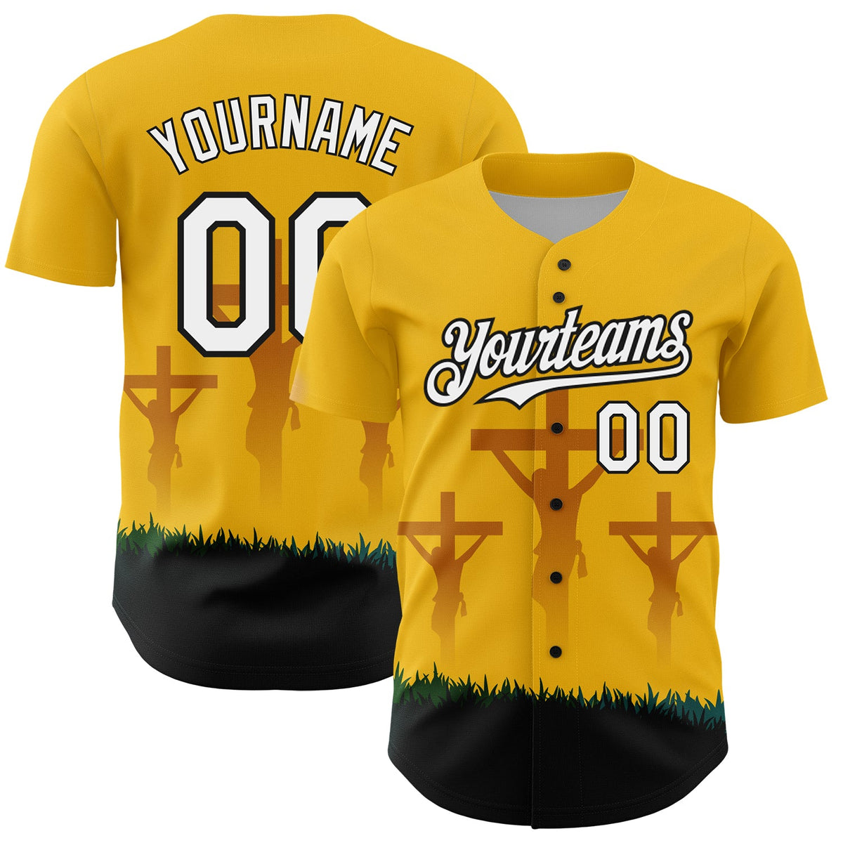 Custom Yellow White-Black 3D Pattern Design Motif Crest Graphic Print Authentic Baseball Jersey
