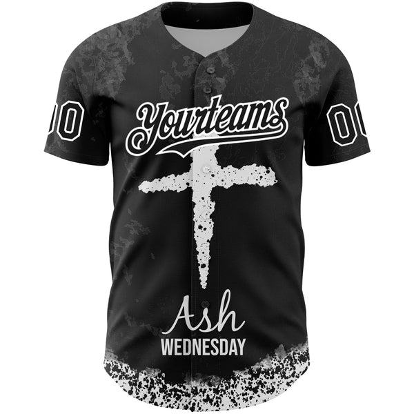 Custom Black White-Gray 3D Pattern Design Religion Cross Jesus Christ Ash Wednesday Authentic Baseball Jersey alternate