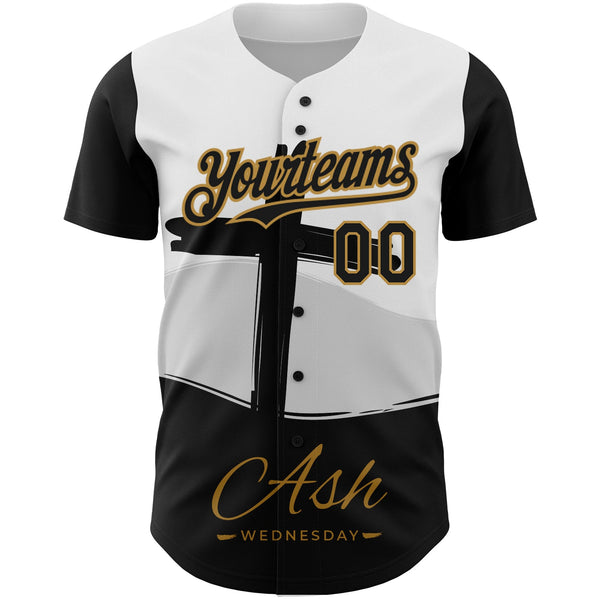 Custom White Black-Old Gold 3D Pattern Design Religion Cross Jesus Christ Ash Wednesday Authentic Baseball Jersey alternate