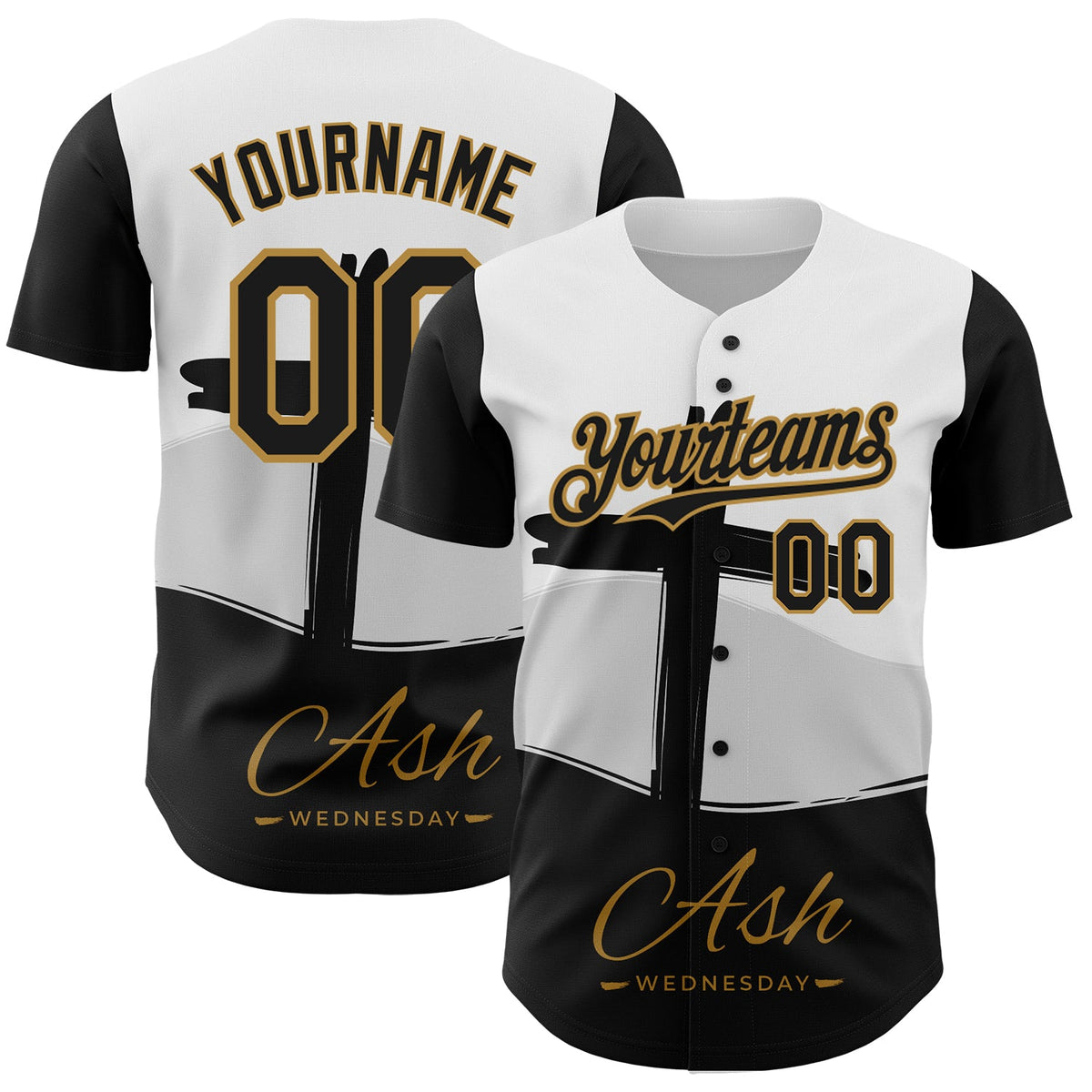 Custom White Black-Old Gold 3D Pattern Design Motif Crest Ash Grey Authentic Baseball Jersey