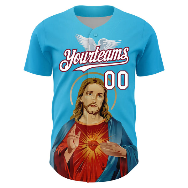 Custom Sky Blue White-Maroon 3D Pattern Design Religion Jesus Christ And Virgin Mary Authentic Baseball Jersey alternate