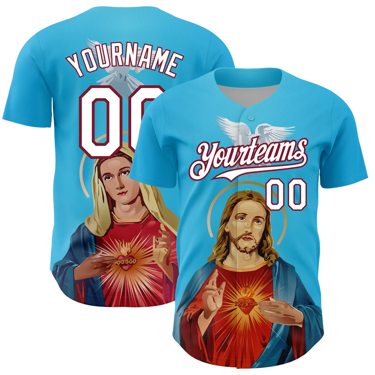 Custom Sky Blue White-Maroon 3D Pattern Design Motif Graphic Print Authentic Baseball Jersey