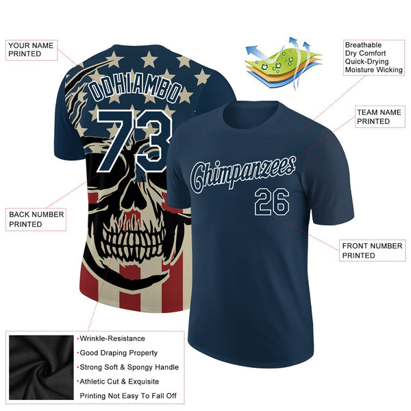 Custom US Navy Blue White 3D Skull With American Flag Performance T-Shirt alternate