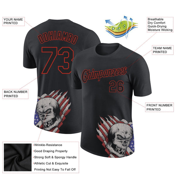 Custom Black Red 3D Skull With American Flag Performance T-Shirt alternate